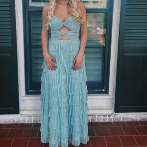 Grace Metallic Plisse Sweetheart Neck Cut-Out Tiered Dress